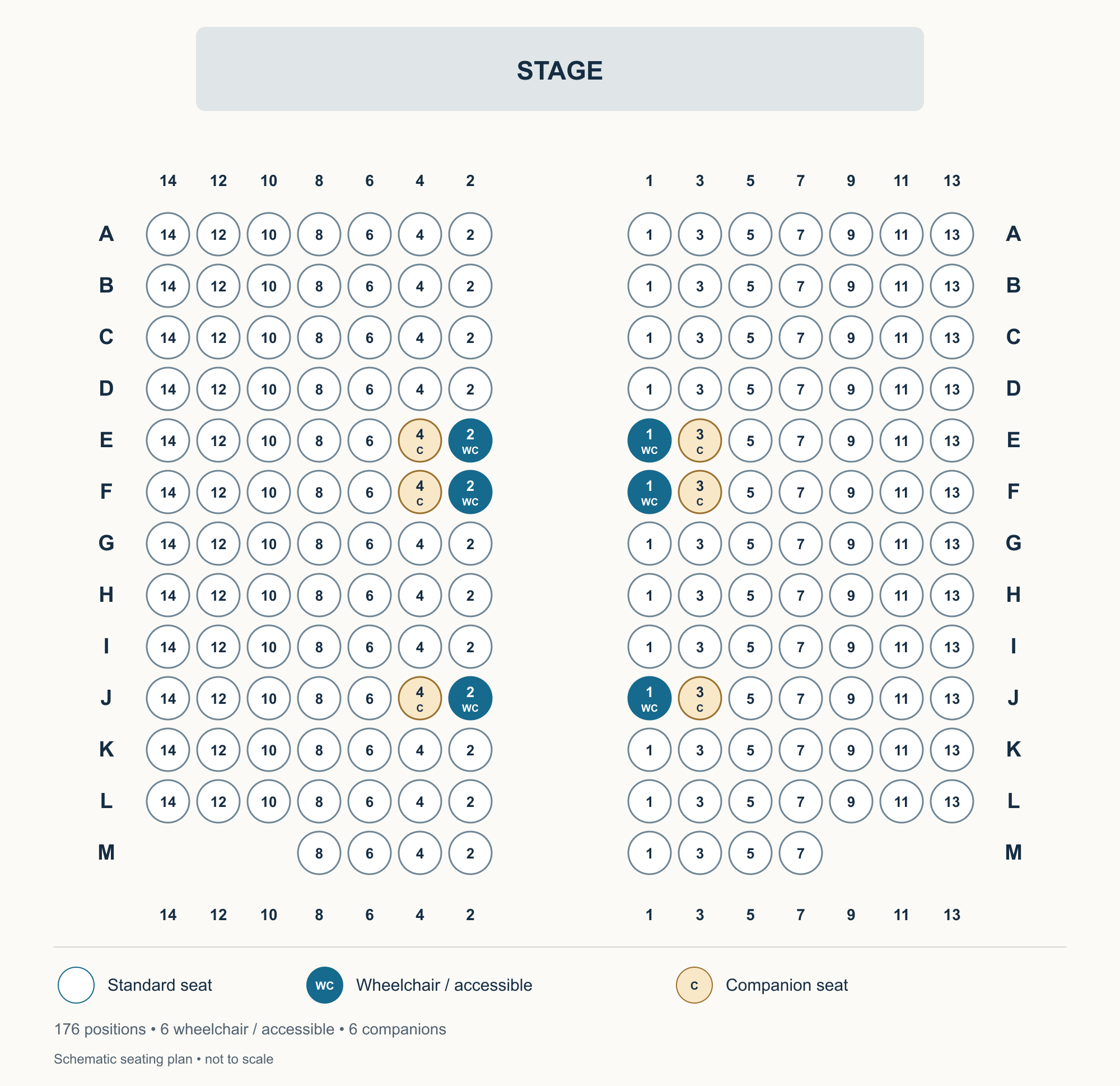 Hillside Club seating chart showing numbered seats, accessible positions and stage