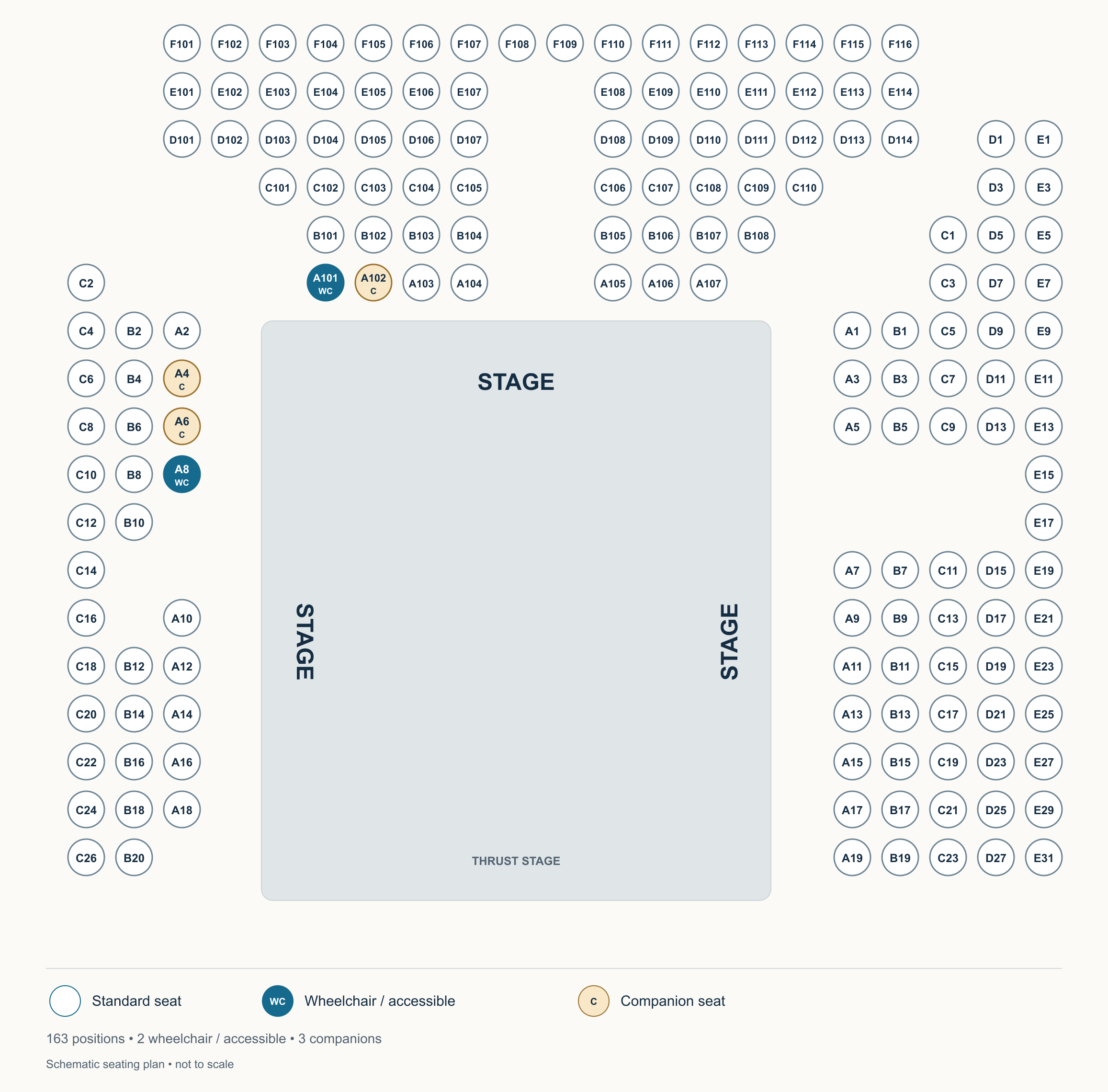 Mountain View Center for the Performing Arts seating chart showing numbered seats, accessible positions and stage